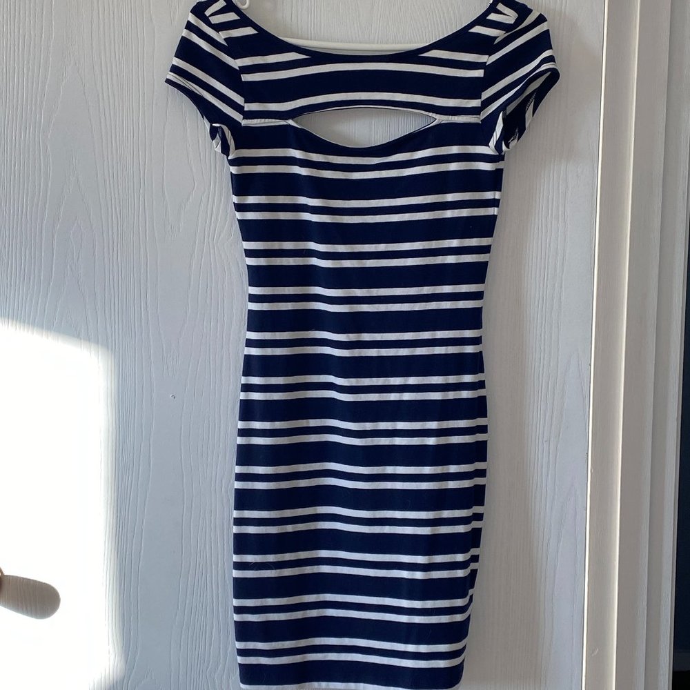 Guess Navy and White Striped Cutout Bodycon Dress